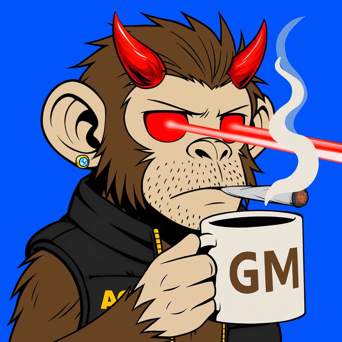 Cartoon illustration of a red-eyed, horned monkey character smoking a cigarette and holding a white mug labeled 'GM,' set against a blue background.