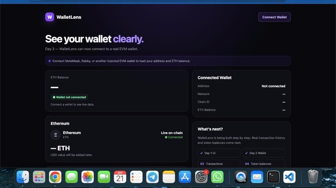 A screenshot of the 'WalletLens' web application with the tagline 'See your wallet clearly,' displaying ETH balance, wallet connection status, and Ethereum network information on a dark interface.