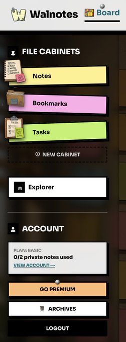 The Walnotes Board app interface showing File Cabinets (Notes, Bookmarks, Tasks), an Account section on the BASIC plan with 0/2 private notes used, and a GO PREMIUM button.