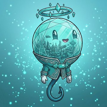 A cute, kawaii-style crystal ball character with a halo, tail, and a futuristic city inside gazes forward against a starry teal background, visually echoing the post's theme of unique, world-holding collectibles ready for mint on OpenSea.