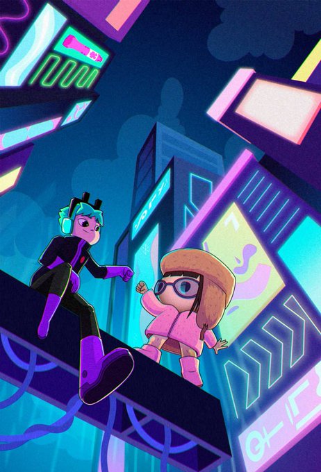 Two stylized cartoon characters—a teal-haired figure with headphones and a pink-coated figure in a fur hat and goggles—stand on a futuristic platform amid glowing neon billboards and cityscape. The vibrant cyberpunk aesthetic, complete with digital signage and electric purples and blues, visually echoes the crypto/NFT theme of the post celebrating spots earned for @MonkeyHoodNFT and @PoweredByVolt.