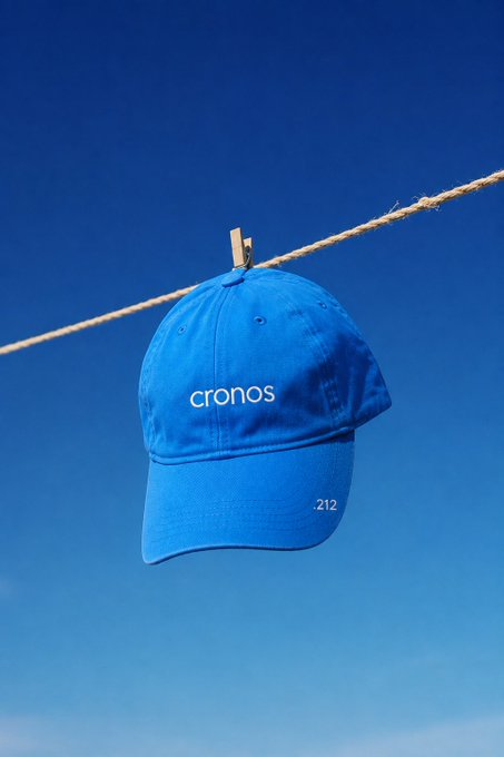 A bright blue cap displaying the "cronos" logo hangs from a clothesline against a clear sky, with "212" marked on the brim—visually representing the "put on the cap" call-to-action from the post announcing Cronos's upcoming global launch on iOS and Android.