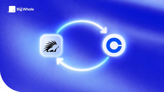 The image shows a blue gradient background featuring the "BigWhale" logo in the top left corner, with two icons connected by circular arrows in the center: a hedgehog/hedge fund icon on the left and the USDC (Circle) stablecoin logo on the right, symbolizing the direct exchange between the two. This visual represents Spiko Finance's groundbreaking integration allowing investors to move directly between tokenized UCITS money market funds and USDC/EURC stablecoins without fiat conversion or traditional banking rails.
