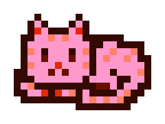 A pixel art illustration of a small pink pig with darker pink spots.