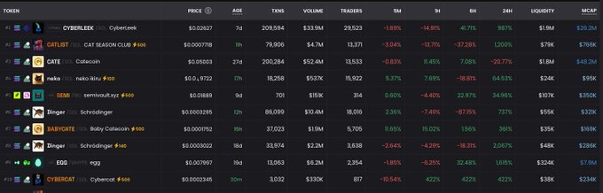 A cryptocurrency tracking dashboard displays top tokens including CYBERLEEK at $0.02527, CATLFIGT at $0.000778, CATE at $0.05061, nake at $0.01922, and DINGER, showing their prices, age, transactions, volume, market cap, and percentage changes—all small-cap meme coins likely being considered for the "aping" (speculative trading) referenced in the post.