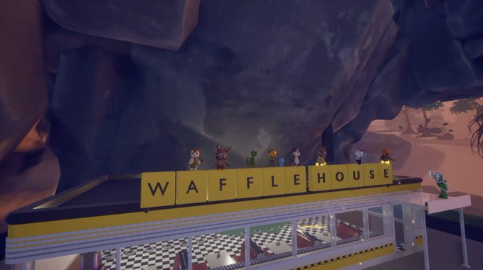 A 3D rendered scene of a Waffle House restaurant, identifiable by its iconic yellow and black signage, with cartoonish characters standing on the roof, set against a rocky, cave-like backdrop.