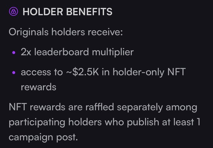A black and white text box lists the benefits of joining a NFT community, including 2x leaderboard multiplier access to $2.5K in holder-only NFT rewards.