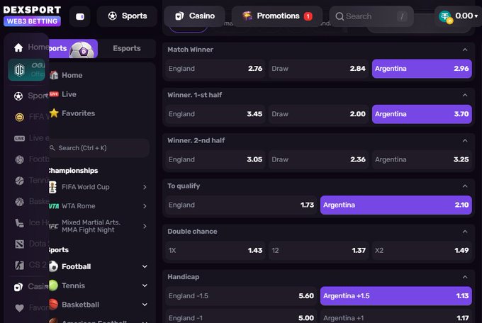A screenshot of the Dexsport Web3 Betting platform displaying live World Cup Final odds between England and Argentina, with England at 2.76, Draw at 2.84, and Argentina at 2.96, alongside additional markets including 1st/2nd half winners, to qualify (England 1.73, Argentina 2.10), double chance, and handicap options.