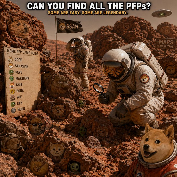 A meme image titled 'CAN YOU FIND ALL THE PFPs?' showing astronauts on a Mars-like rocky terrain, featuring hidden meme characters like Doge, San Chan, Pepe, Martians, Shib, Bonk, Wif, Kek, and Moon, with a 'MARS MEME OUTPOST' label.