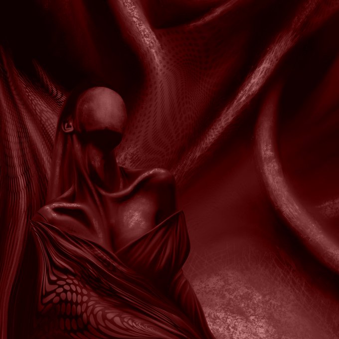 A dark, surreal digital artwork featuring a faceless humanoid figure in red tones, surrounded by flowing, textured red fabric.