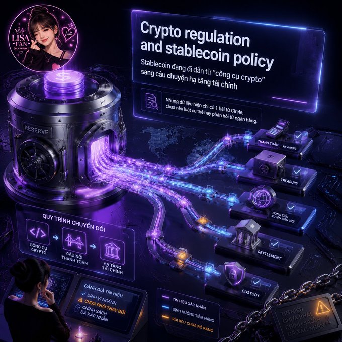 A futuristic infographic titled "Crypto regulation and stablecoin policy" visualizes stablecoin's transition from a crypto tool to financial infrastructure, depicting a "Reserve" vault connecting to payment, treasury, settlement, and custody nodes. The "Quy trình chuyển đổi" (conversion process) panel illustrates the flow from crypto tools to payment rails to financial backing, reinforcing the post's message that while banks are exploring stablecoins for these use cases, current data is limited to a single Circle source without regulatory clarity.