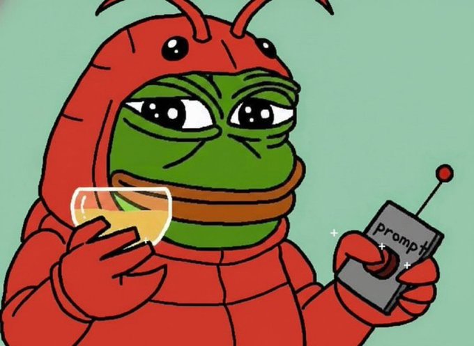 Pepe the Frog meme dressed in a red lobster/crab costume holding a champagne glass and a remote control labeled 'prompt'.