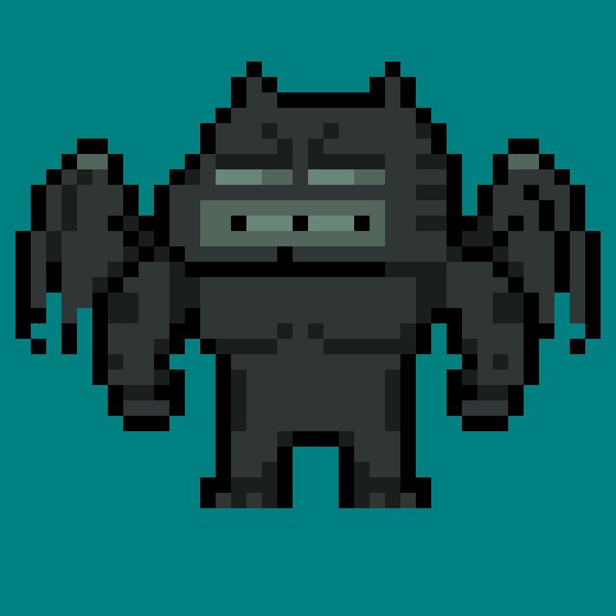 A pixel art illustration of a dark, winged monster with small horns and glowing teal visor-like eyes on a dark teal background.