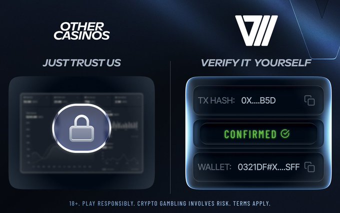 This image contrasts "Other Casinos" which ask for trust with a locked dashboard, against Vault777 which offers verifiable on-chain data like TX HASH:"OX...B5D" and WALLET:"0321DF#X...SFF". The image visually reinforces the post's message about on-chain transparency versus opaque systems.