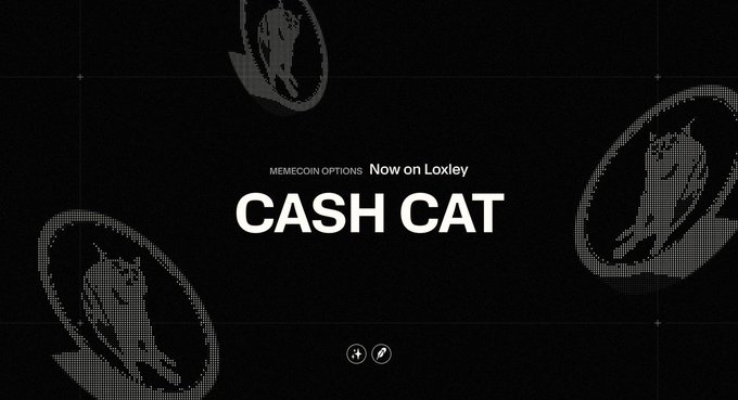 The graphic promotes "CASH CAT" memecoin options now available on the Loxley platform, featuring stylized cat illustrations on a dark background. The image aligns with the post announcing Loxley's partnership with Robinhood to make multiple memecin options, such as $CASHCAT, $PONS, and $STONKBROKER, tradable.