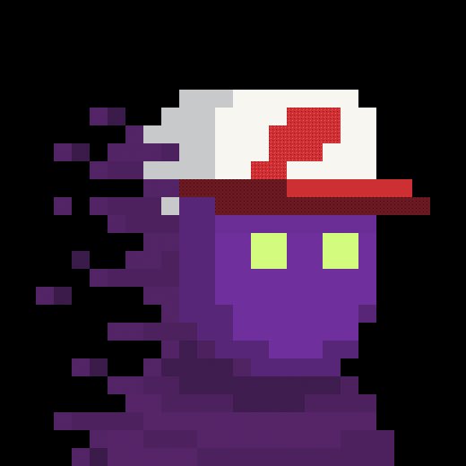 A pixel art illustration of a purple, ghost-like figure with glowing yellow eyes wearing a red and white baseball cap against a black background.