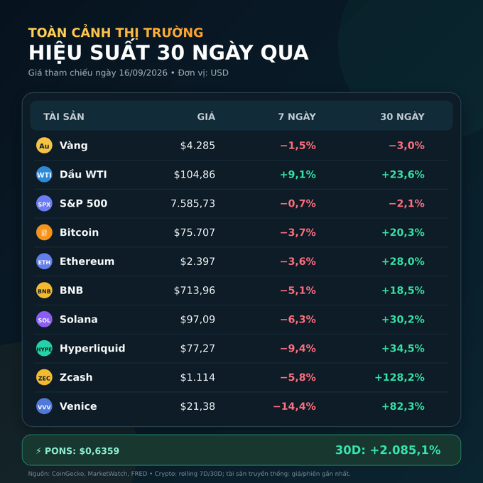 A Vietnamese-language market overview chart titled "HIỆU SUẤT 30 NGÀY QUA" (30-day performance) showing prices and 7-day/30-day percentage changes for assets including Gold, WTI Oil, S&P 500, Bitcoin ($75,707), Ethereum ($2,397), BNB, Solana, Hyperliquid, Zcash (+128.2%), and Venice (+82.3%).