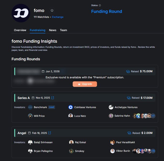 A funding insights page for 'fomo' showing a Series A round of $17.00M (Nov 6, 2025) led by Benchmark with Coinbase Ventures, and an Angel round of $2.00M (Feb 18, 2025) with investors including Balaji Srinivasan and Raj Gokal.