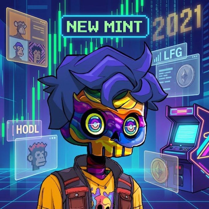 A colorful NFT-style digital artwork of a skull-headed character with vibrant purple hair, featuring 'NEW MINT' text, 'HODL', 'LFG', and '2021' on a cyberpunk background.