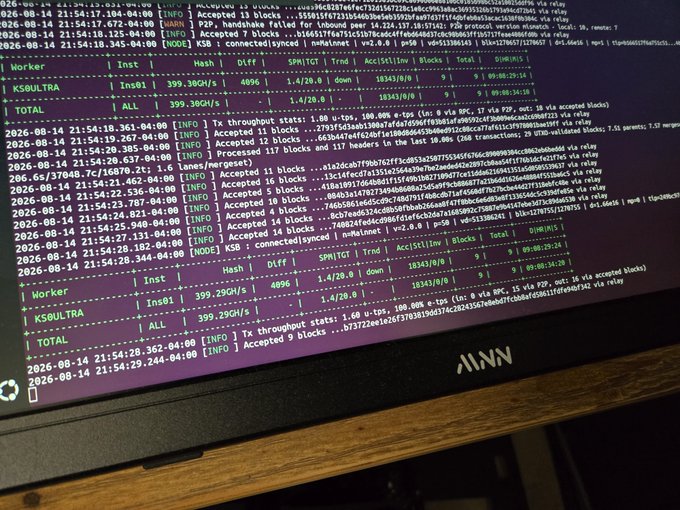 A computer monitor displays a mining terminal showing a "KSB - connected[synced]" status and an "ALL" hashrate of 399.18 GH/s (later 399.29 GH/s) for the KSOULTRA worker, directly illustrating the solo Kaspa ($KAS) mining operation to a personal node referenced in the caption.