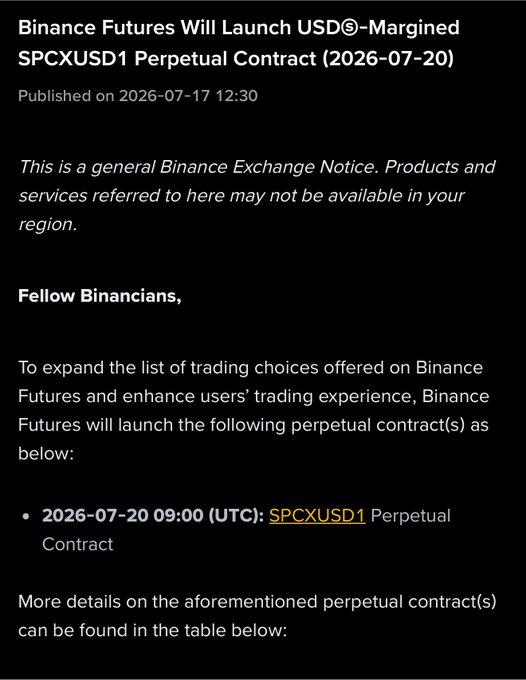 Binance Futures announces the launch of the SPCXUSD1 USDⓈ-Margined Perpetual Contract on 2026-07-20 at 09:00 UTC, expanding trading options on the platform. This relates to the post by highlighting Binance's ongoing expansion of USD1-margined products, following BTCUSD1 with the new SPCXUSD1 stock-linked perpetual offering 25x leverage and 24/7 availability.