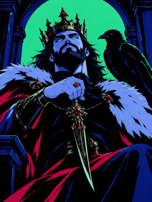 A stylized illustration shows a crowned, bearded king with glowing eyes holding a jeweled dagger, accompanied by a black raven, set against a vivid green and blue background.