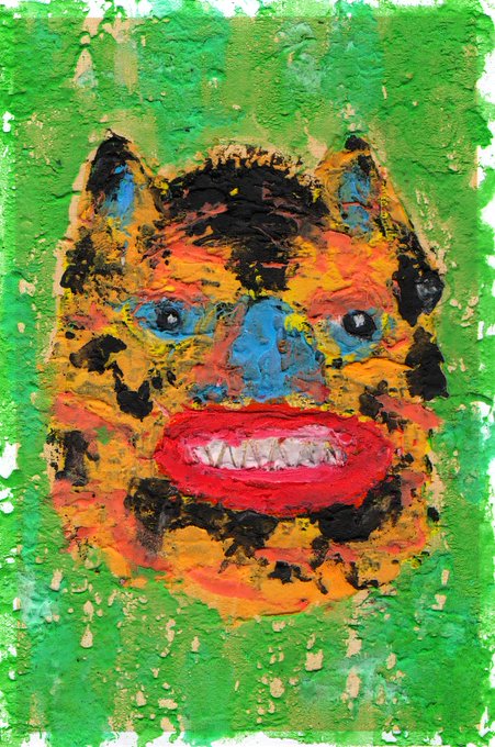 A textured, expressionist portrait of a face rendered in thick impasto strokes of orange, black, and red against a bright green background, featuring prominent blue eyes and an exaggerated red mouth with visible teeth.