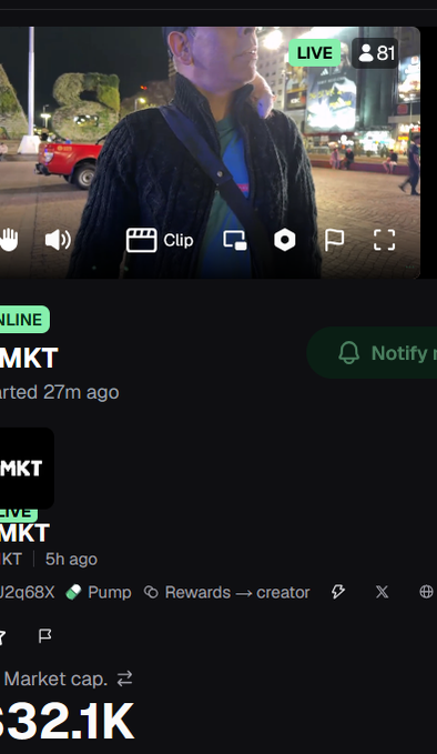 A screenshot of a Pump.fun livestream showing a person wearing a dark jacket at night, with the channel 'J2q68X', and a market cap showing '32.1K'.