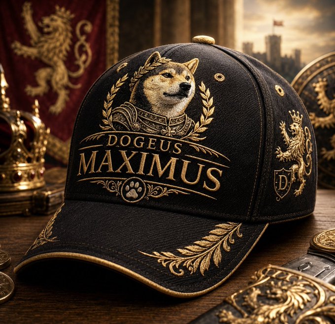 The image features a black baseball cap with gold lettering that reads "Dogeus Maximus", which appears to be a reference to the character Dogeus from the Marvel Comics universe. The cap has a lion's head design on the front, adding an element of fantasy and whimsy to its appearance. The hat is placed on top of a wooden table or desk, surrounded by various other items such as coins, books, and a crown.