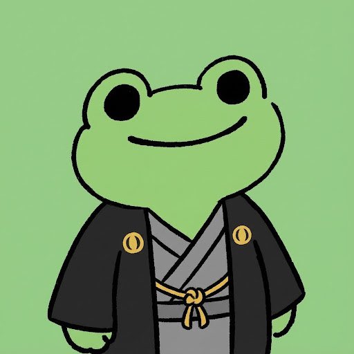 A cartoon illustration of a smiling green frog character wearing a black samurai-style jacket with gold buttons over a gray kimono with a tied sash, set against a green background.