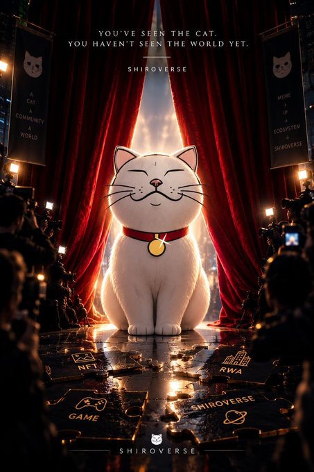 A movie-poster style image of a smiling white cat sitting between red curtains with the tagline 'YOU'VE SEEN THE CAT. YOU HAVEN'T SEEN THE WORLD YET. SHIROVERSE'.