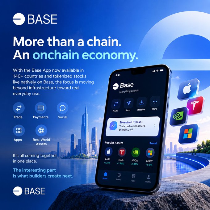An advertisement for the Base App promoting 'More than a chain. An onchain economy.' showing a smartphone displaying the app with tokenized stock tickers AAPL, TSLA, NVDA, and MSFT.