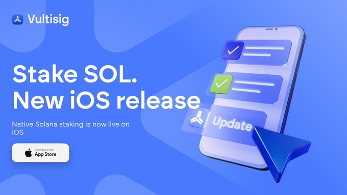 A promotional graphic announcing the new Vultisig iOS release with the headline "Stake SOL. New iOS release" and a note that native Solana staking is now live on iOS, featuring an App Store download button alongside an illustration of a smartphone displaying an "Update" prompt with checkmarks. The image visually reinforces the post's announcement about the v1.41.64–65 update bringing native Solana staking and other new features to the Vultisig mobile app.