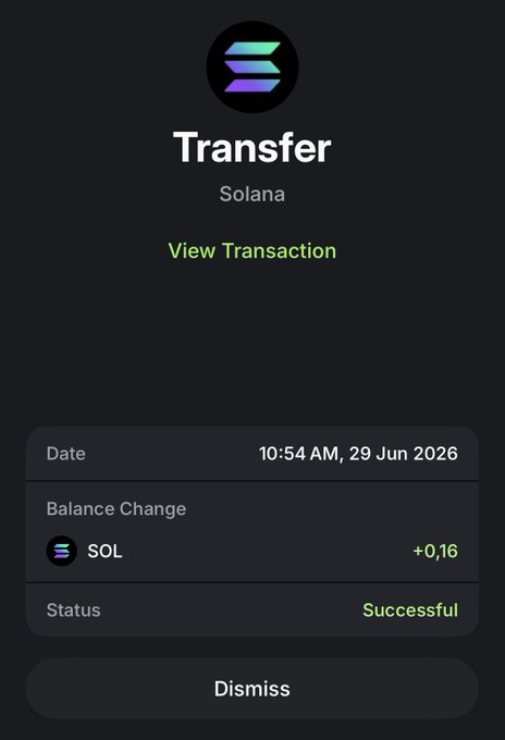 A Solana wallet transaction confirmation screen showing a successful 'Transfer' of +0.16 SOL dated 10:54 AM, 29 Jun 2026, with options to 'View Transaction' or 'Dismiss'.