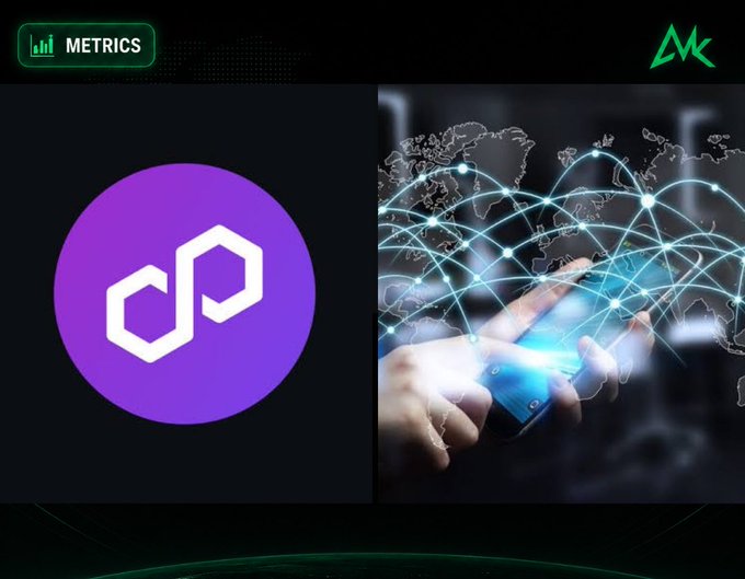 A split-screen graphic features the purple Polygon (MATIC) logo on the left under a 'METRICS' label, while the right side shows hands holding a glowing smartphone overlaid with a world map and digital network connections.