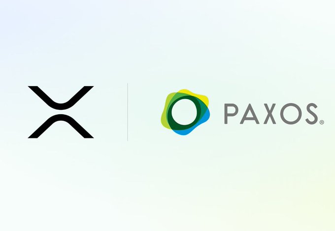 A promotional image showing the XRP logo on the left next to the Paxos logo (with its colorful circular emblem) on the right, separated by a thin vertical line.