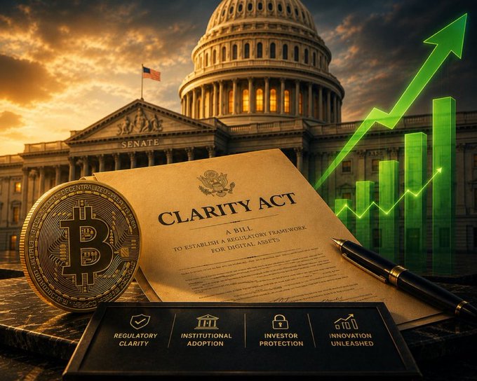 A Bitcoin coin sits on a document titled "CLARITY ACT: A BILL TO ESTABLISH A REGULATORY FRAMEWORK FOR DIGITAL ASSETS" in front of the US Senate building, symbolizing potential regulatory clarity and growth for cryptocurrencies. This image visually represents the upcoming hearing on the CLARITY Act and its implications for Bitcoin and crypto assets.
