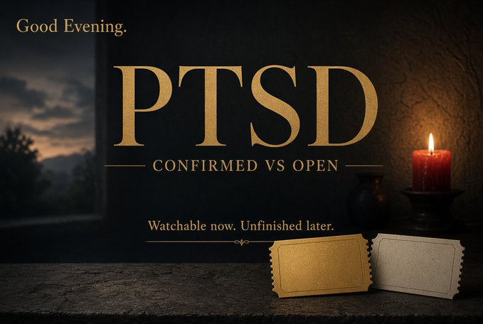 A title card for a video or series called 'PTSD: Confirmed vs Open' with text 'Good Evening.' and 'Watchable now. Unfinished later.' displayed in gold lettering against a dark background with a candle and empty tickets.