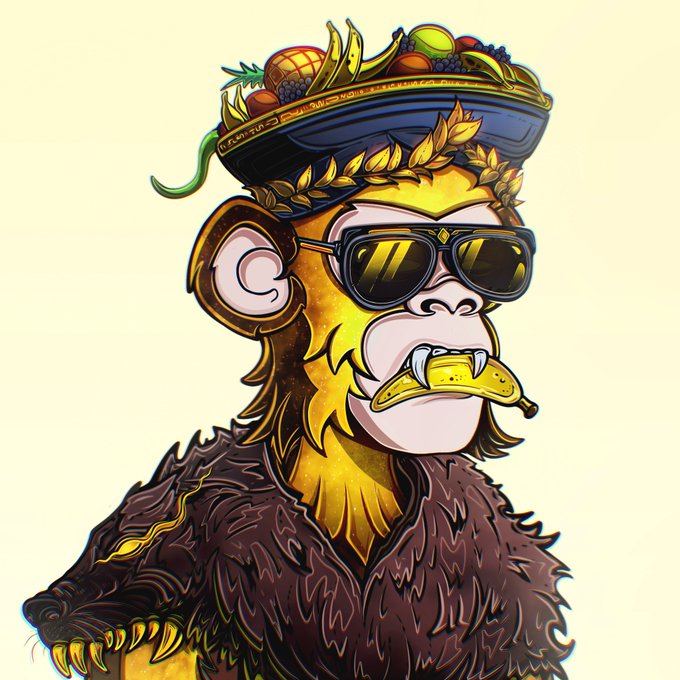 A stylized illustration of a monkey wearing sunglasses, a fur coat, and a fruit-laden headpiece, with a banana in its mouth.
