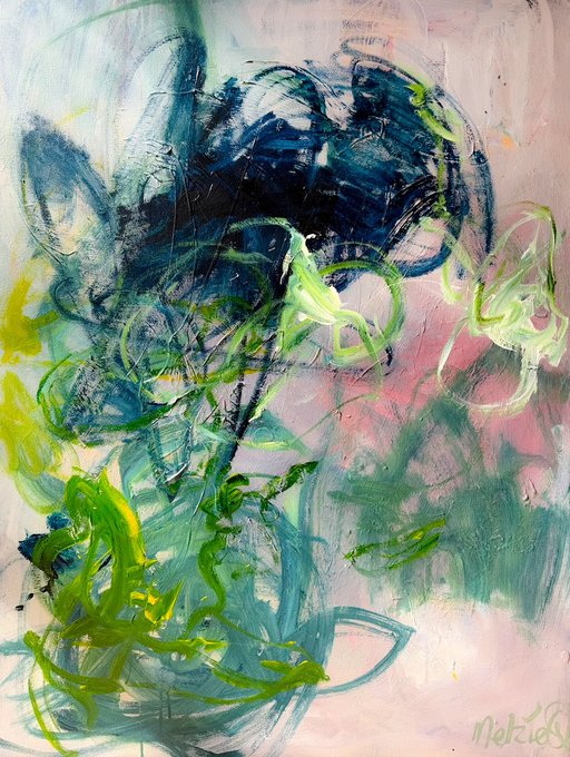 An abstract oil painting featuring swirling blues, greens, and soft pinks with a signature reading "Metzie" in the bottom right corner, displayed as a dual inscription/physical artwork auction starting at 0.005 BTC. The piece, titled "Even The Chapel Felt The Wind That Day," evokes a dreamy, wind-swept atmosphere that complements its poetic name through flowing, gestural brushwork.