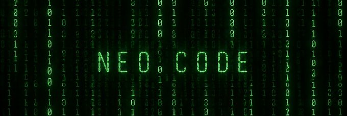 The image displays the text "NEO CODE" in green digital font against a Matrix-style background of cascading green binary code (0s and 1s). This visual aligns with the post's cryptic, tech-forward messaging about AfterByte—a Solana-based project launching on pump.fun—evoking themes of digital transformation, coding, and a new technological dawn on the blockchain.