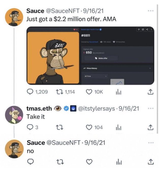 A Twitter/X thread from user @SauceNFT posted on 9/16/21 announcing a $2.2 million offer for Bored Ape #8811, followed by a reply from @tmas.eth (@itstylersays) saying 'Take it' and Sauce replying 'no'.