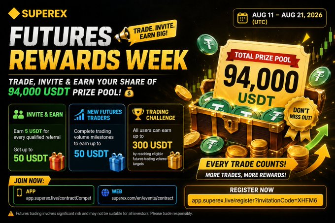 A promotional banner for 'SUPEREX FUTURES REWARDS WEEK' featuring a 94,000 USDT total prize pool, referral bonuses, trading challenges, and dates from AUG 11 to AUG 21, 2026.