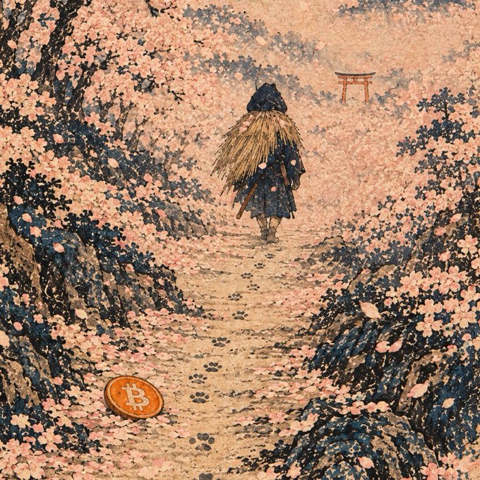An artistic image blending traditional Japanese art style with modern elements, depicting a figure in a straw cloak walking through a path of blooming cherry blossoms toward a torii gate, with a Bitcoin coin placed on the path.