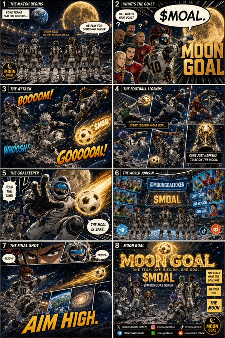 A multi-panel comic story titled 'MOON GOAL' depicting a soccer/football-themed space adventure where teams play 'goalies,' with the final panel reading 'AIM HIGH' and the tagline 'ONE TEAM. ONE MISSION. ONE GOAL. SMOAL. @MOONGOALTOKEN.'