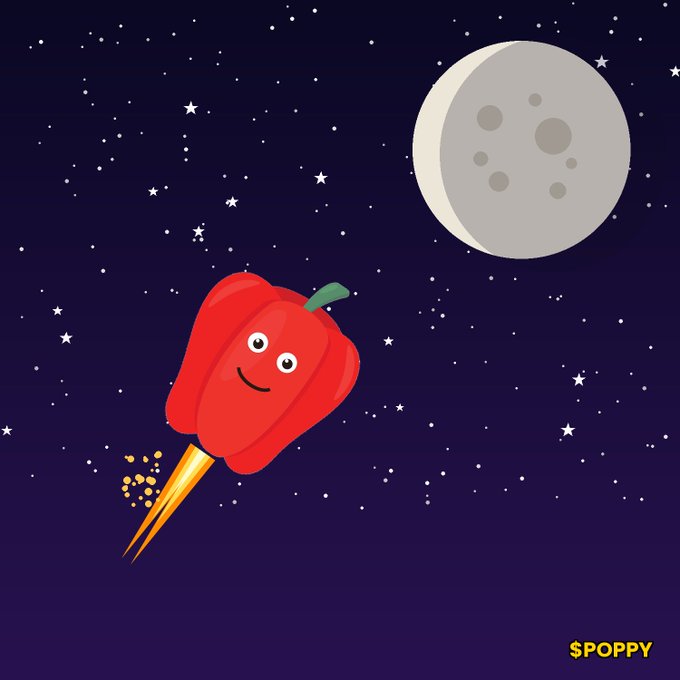 A cartoon red pepper with a smiling face flies through a starry night sky like a rocket, with a moon in the background and the text '$POPPY' in the corner.