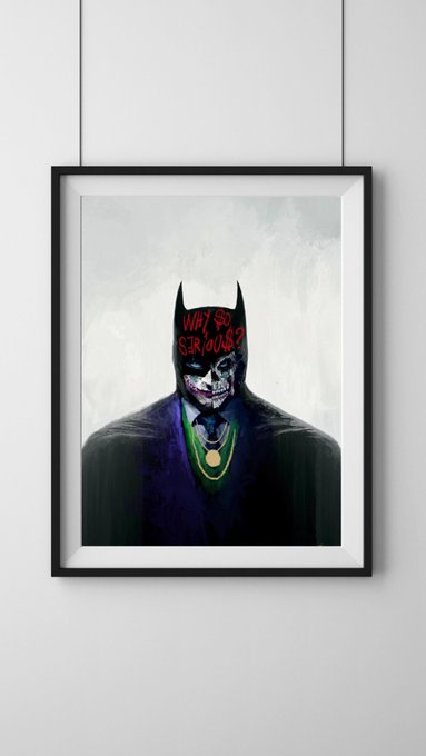 A framed dark artwork depicting a menacing Batman figure with a skull-like grinning face and the red text 'WHY SO SERIOUS?' across his eyes.