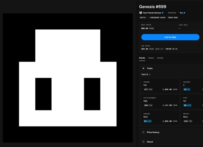 An OpenSea listing page displays "Genesis #699," a simple geometric NFT image composed of black and white rectangles, with a best offer of 800.00 USD and a list of traits including Orange Flat, Ice Blue, High White Eyes, and Brick Background.