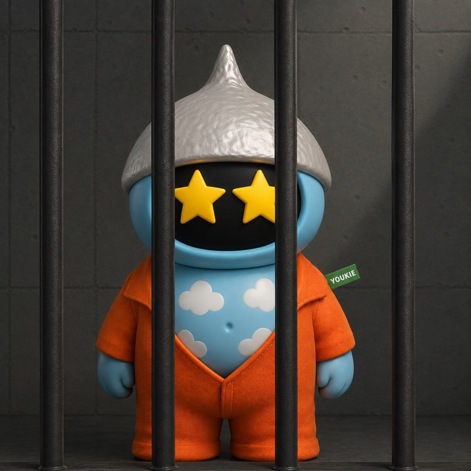 A whimsical blue cartoon figure wearing an orange prison jumpsuit and a silver pointed hat stands behind black jail bars, with star-shaped eyes and cloud patterns on its body. A small green tag on its shoulder reads "YOUKIE," adding a branded touch to the detained character that plays on the post's "BULL or BEAR - Stay locked in" message, visually representing the feeling of being "locked up" or trapped in a tough market situation.
