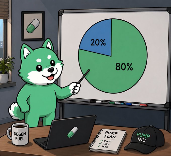 A cartoon illustration of a green Shiba Inu dog character pointing at a pie chart (20% blue, 80% green) on a whiteboard, with desk items including a "DEGEN FUEL" coffee mug, a laptop with a pill sticker, a "PUMP PLAN" notebook, and a "PUMP INU" cap.